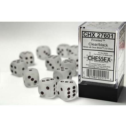 Frosted&trade; 16mm d6 Clear/black Dice Block� (12 dice)