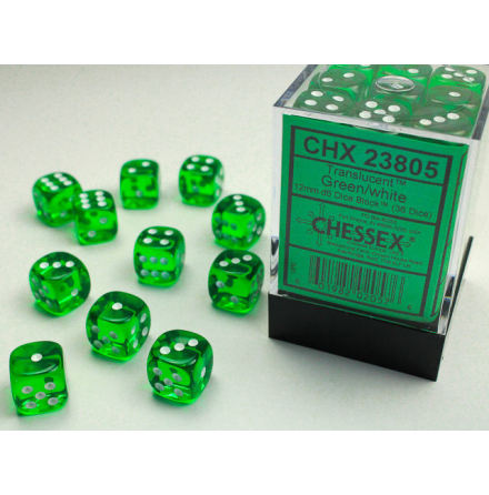 Translucent 12mm d6 Green/white Dice Block (36 dice)