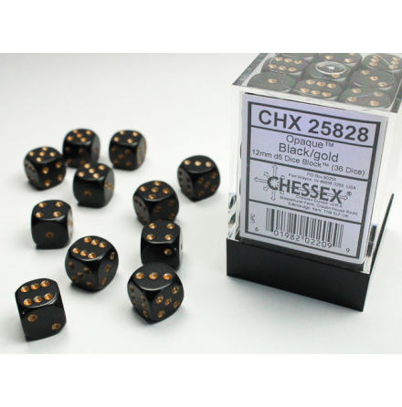 Opaque 12mm d6 Black/gold Dice Block Dice Block (36 dice)