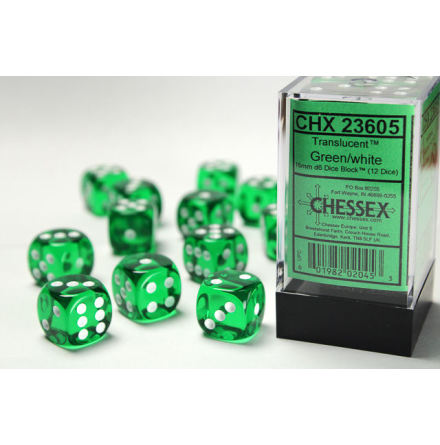 Translucent 16mm d6 Green/white Dice Block™ (12 dice)