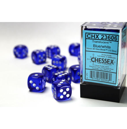 Translucent 16mm d6 Blue/white Dice Block™ (12 dice)