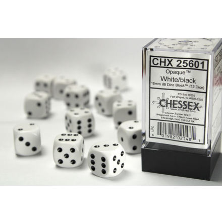 Opaque 16mm d6 White/black Dice Block™ (12 dice)
