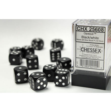 Opaque 16mm d6 Black/white Dice Block (12 dice)