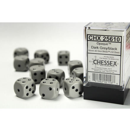 Opaque 16mm d6 Grey/white Dice Block (12 dice)