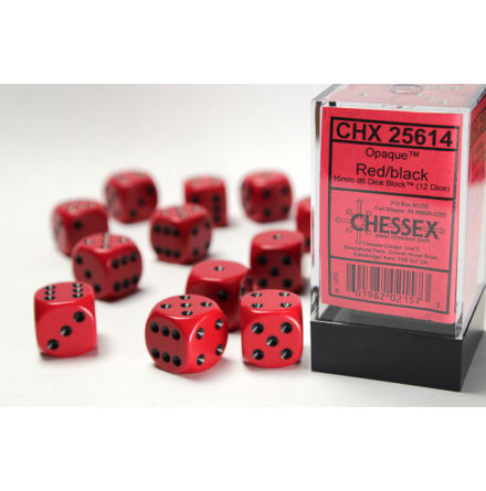 Opaque 16mm d6 Red/black Dice Block (12 dice)