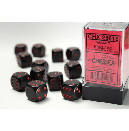 Opaque 16mm d6 Black/red Dice Block (12 dice)