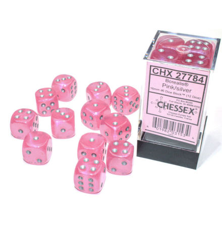 Borealis® 16mm d6 Pink/silver Luminary Dice BlockTM (12 dice)