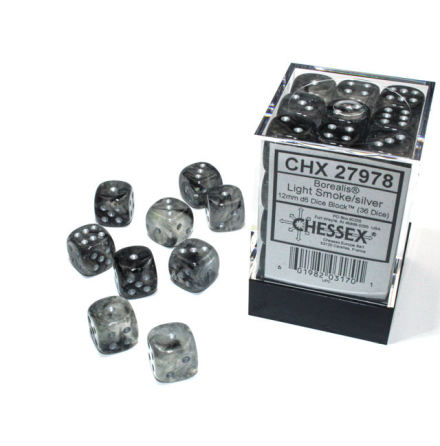 Borealis® 12mm d6 Light Smoke/silver Luminary Dice BlockTM (36 dice)