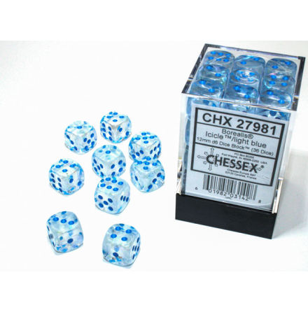 Borealis® 12mm d6 IcicleTM/light blue Luminary Dice BlockTM (36 dice)