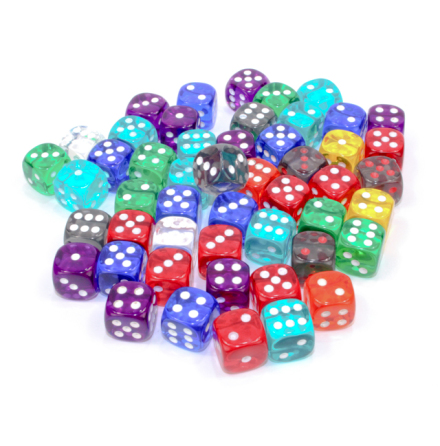 Bag of 50 Assorted Loose Translucent 12mm w/pips d6 Dice