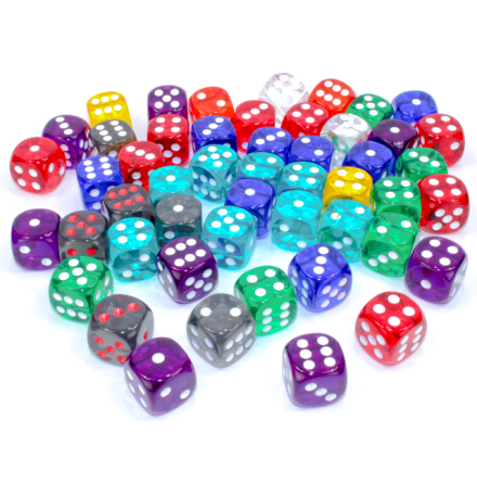 Bag of 50 Assorted Loose Translucent 16mm w/pips d6 Dice